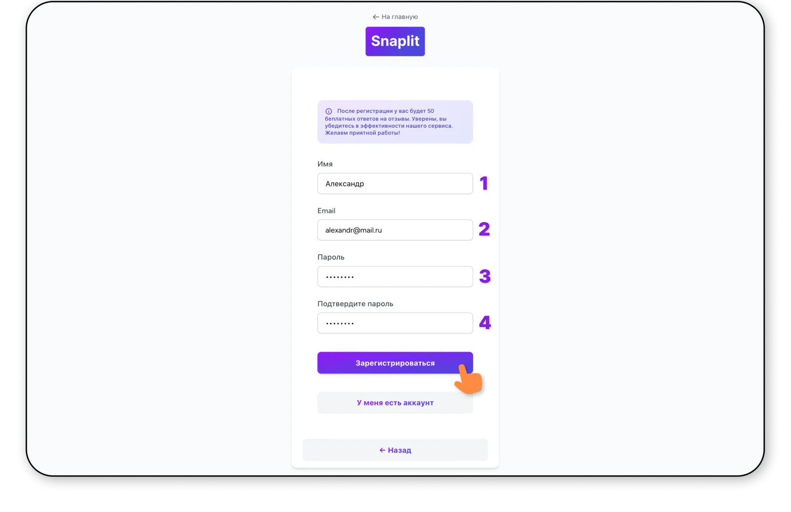 Регистрация в интерфейсе Snaplit
